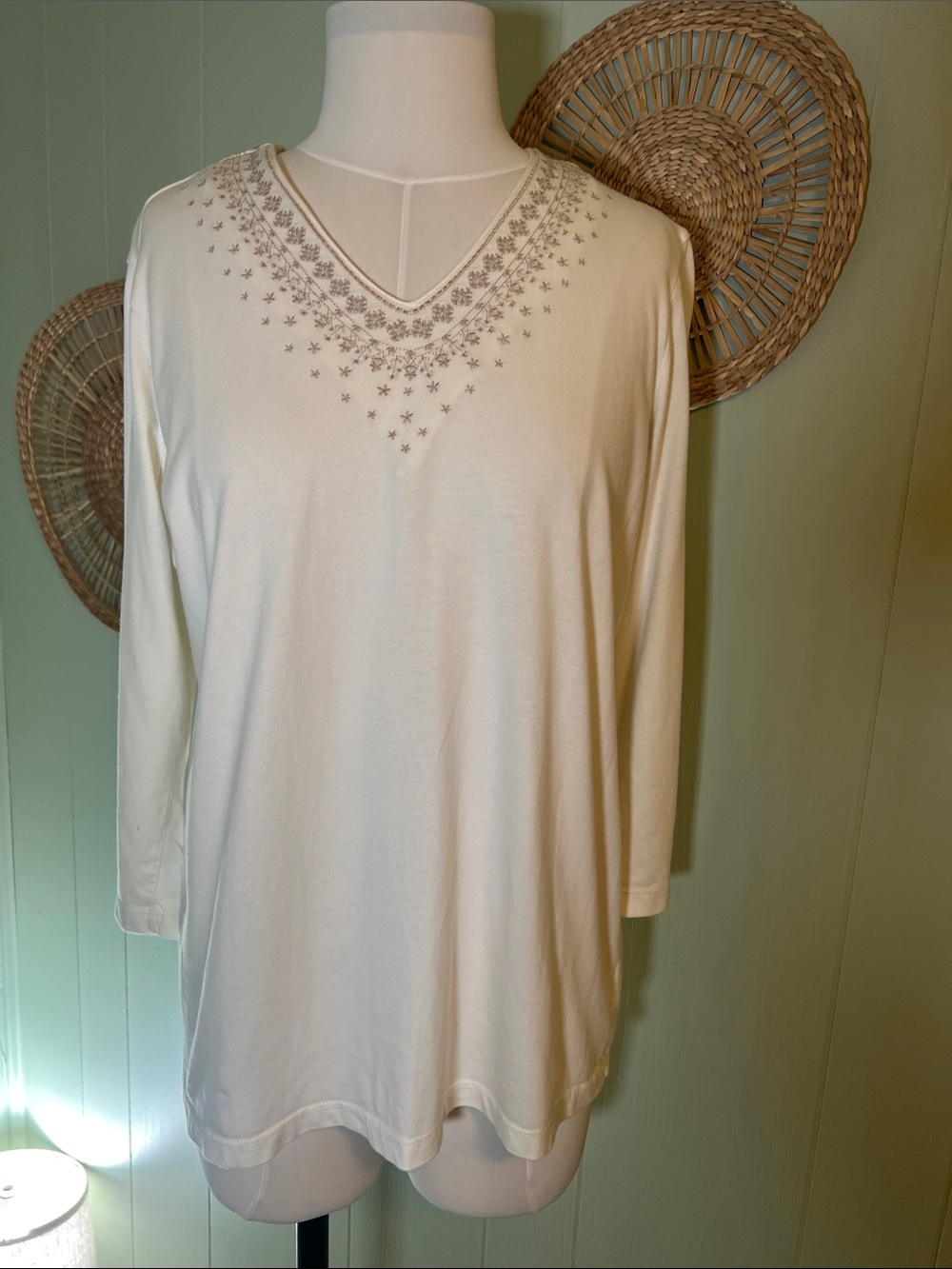 Eddie Bauer Cream Long-Sleeve V-Neck Top with Embroidered Yoke 100% Pima cotton